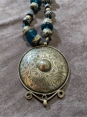Bohemian Vintage Silver-Tone Disc Pendant Necklace with Teal Beads